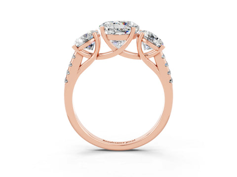 Rose gold Three-Stone Round Cut Moissanite Ring with Pavé Band and Prong Setting_15