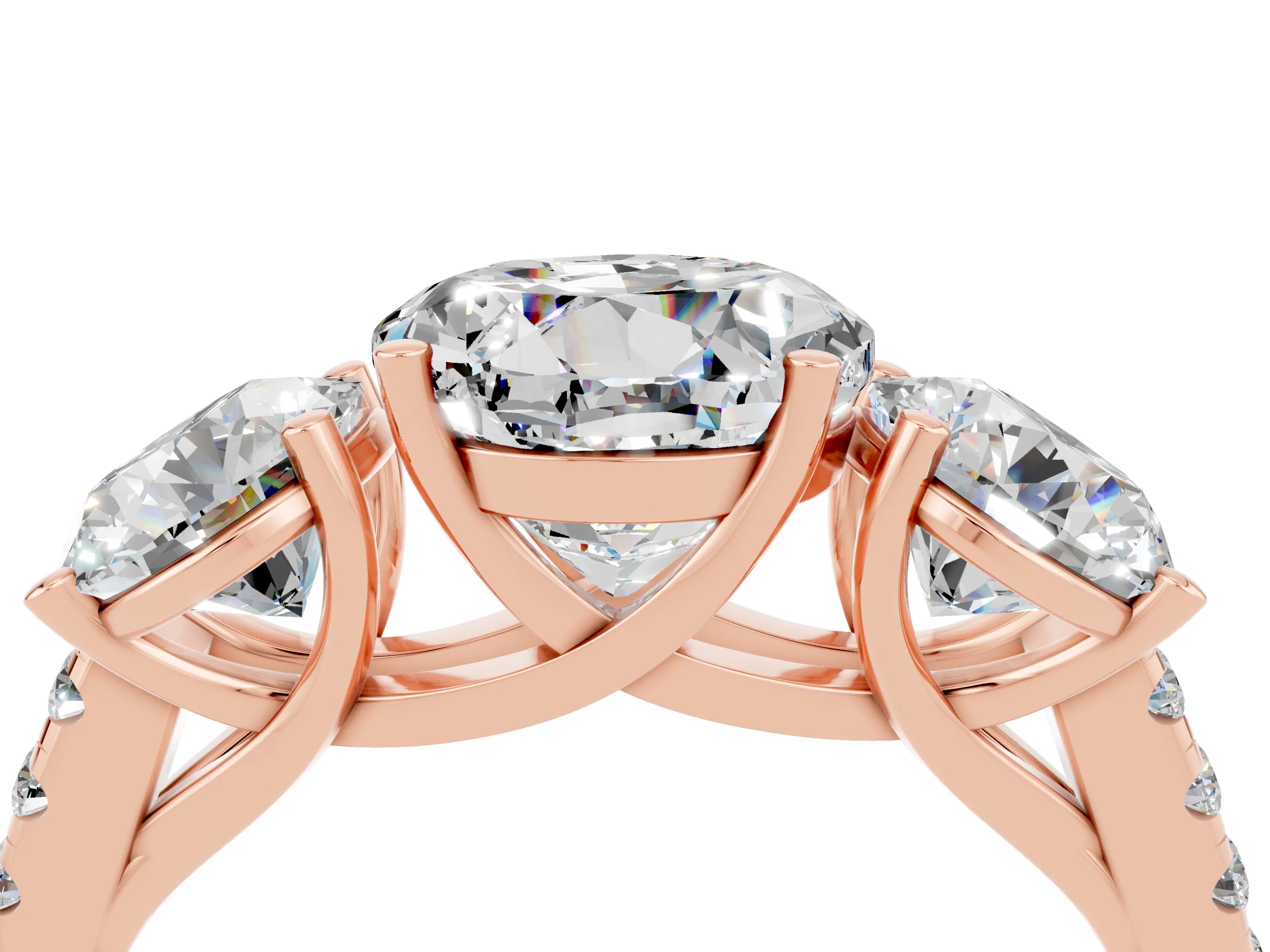 Rose gold Three-Stone Round Cut Moissanite Ring with Pavé Band and Prong Setting_16