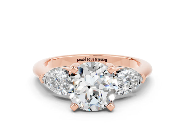 Rose gold Three-Stone Round Cut Moissanite Ring with Pear Side Stones and Four-Prong Setting