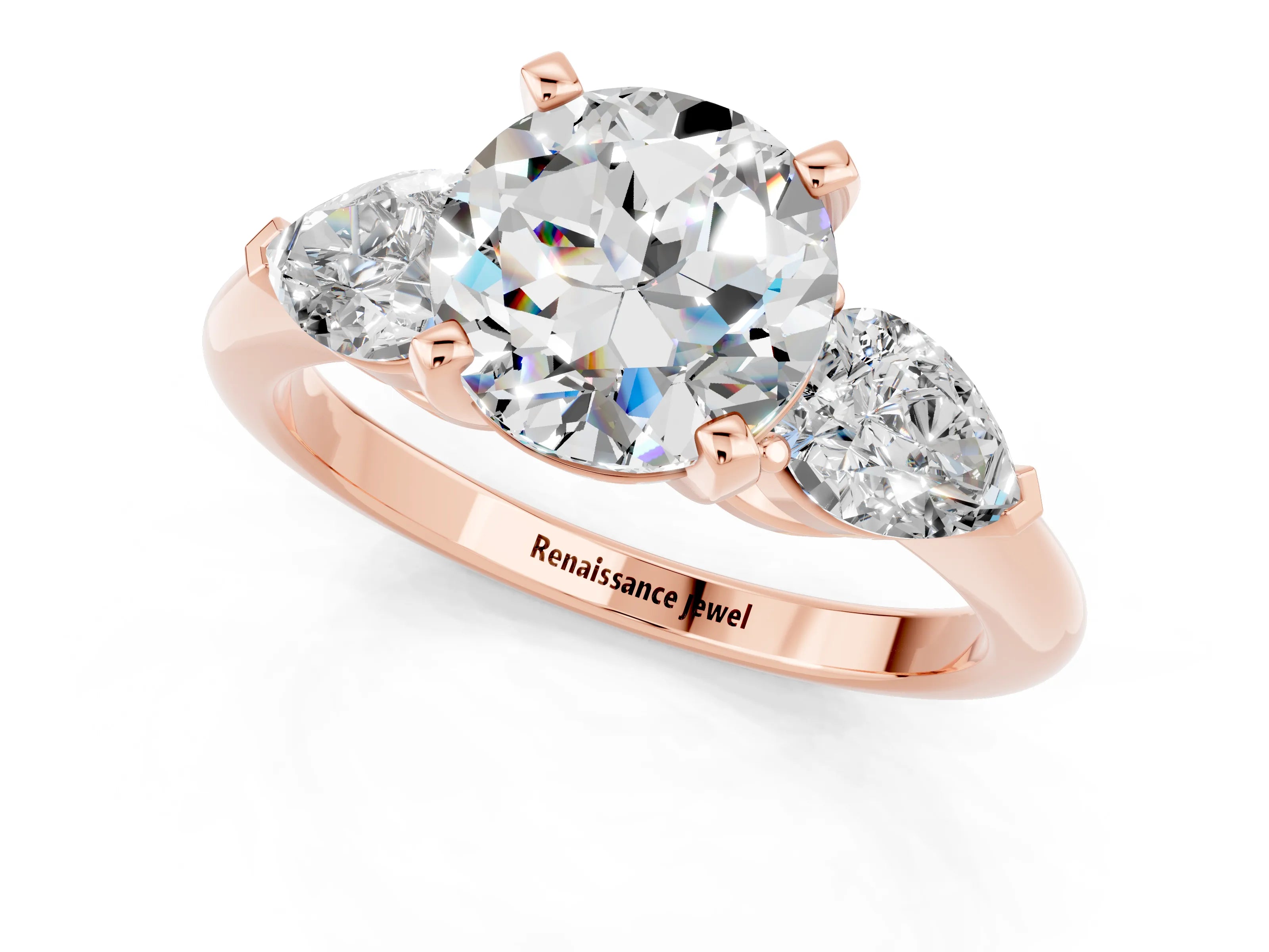 Rose gold Three-Stone Round Cut Moissanite Ring with Pear Side Stones and Four-Prong Setting_1