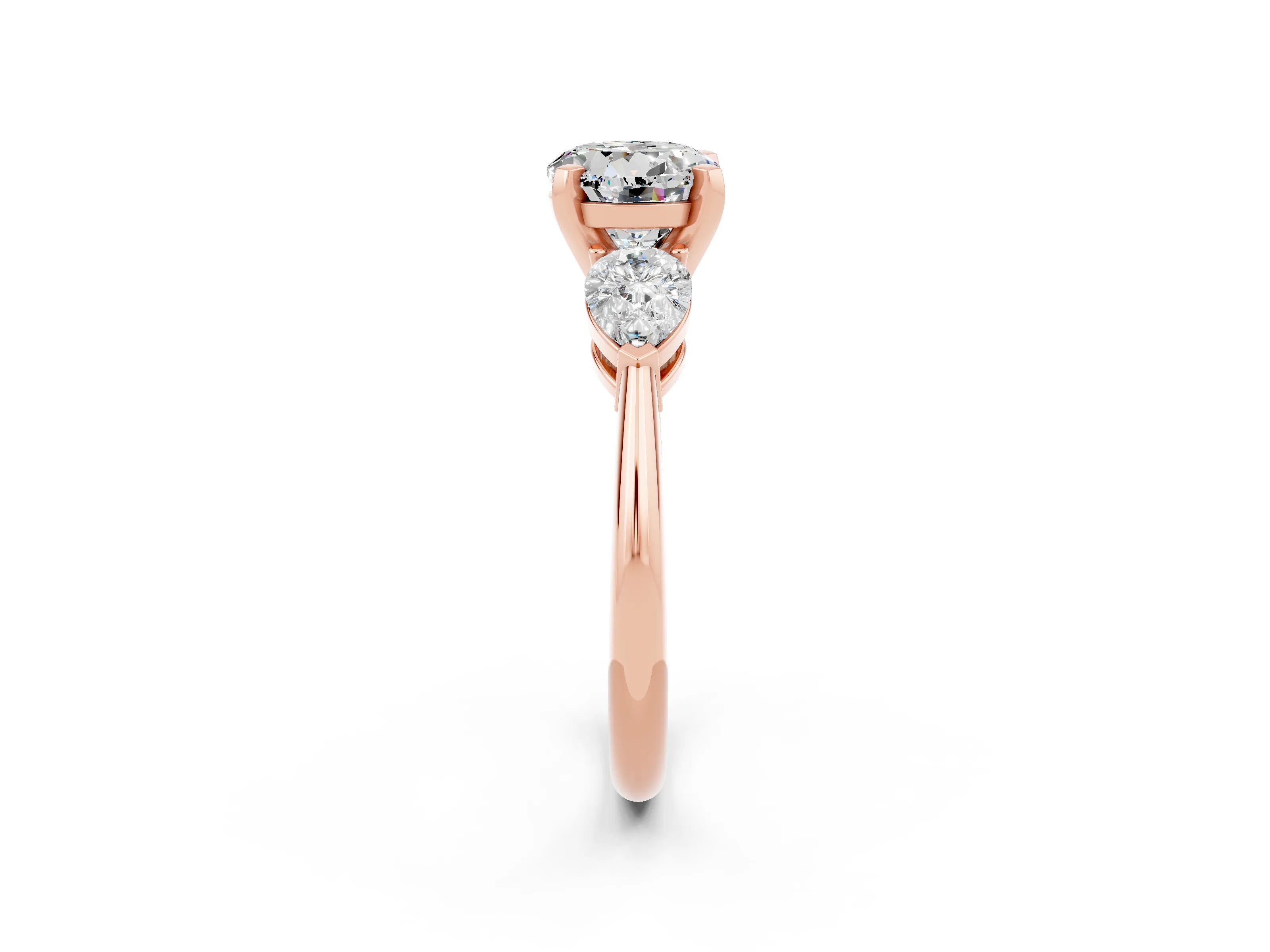 Rose gold Three-Stone Round Cut Moissanite Ring with Pear Side Stones and Four-Prong Setting_2