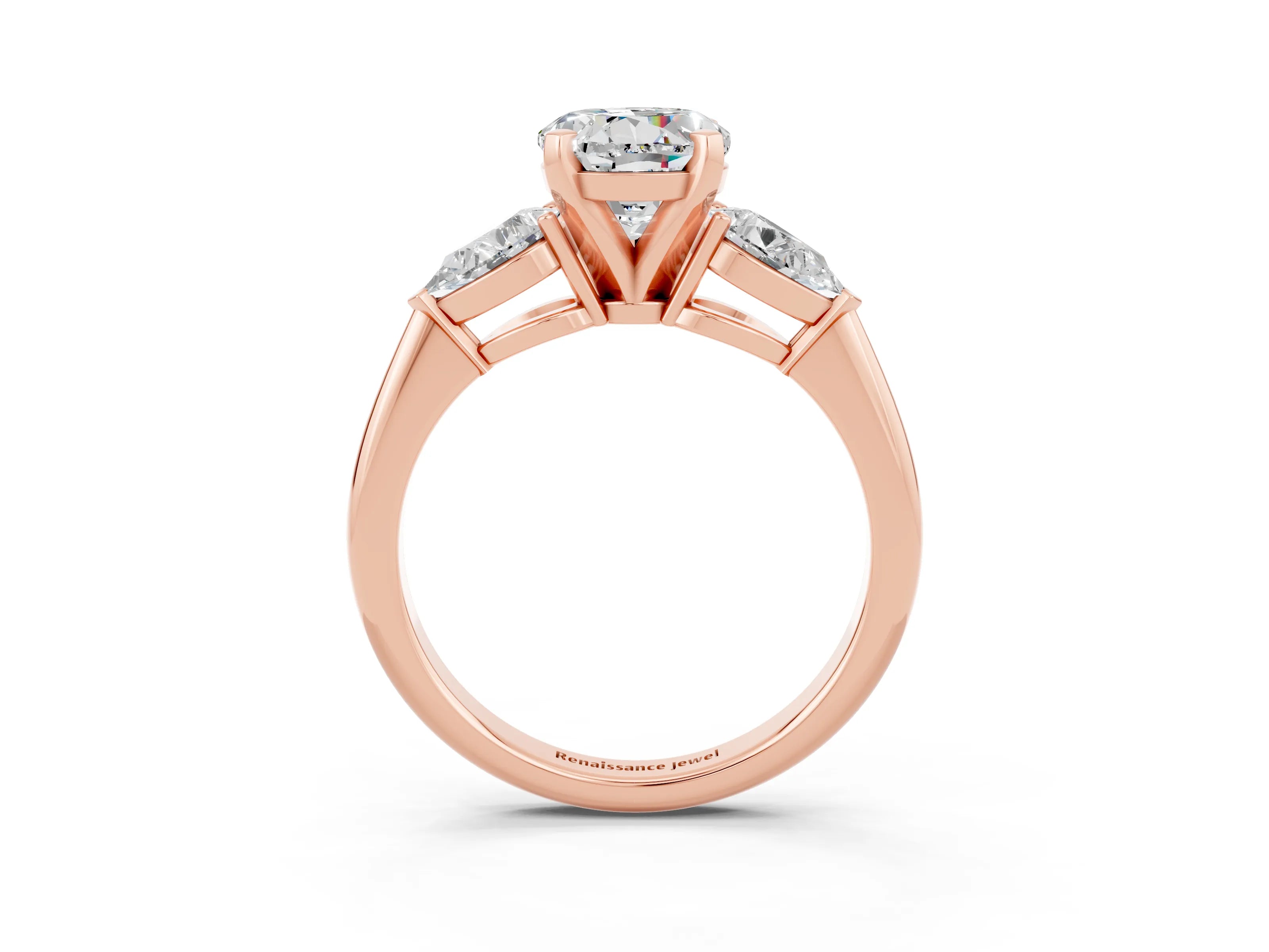 Rose gold Three-Stone Round Cut Moissanite Ring with Pear Side Stones and Four-Prong Setting_3