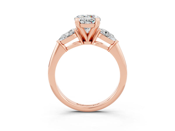 Rose gold Three-Stone Round Cut Moissanite Ring with Pear Side Stones and Four-Prong Setting
