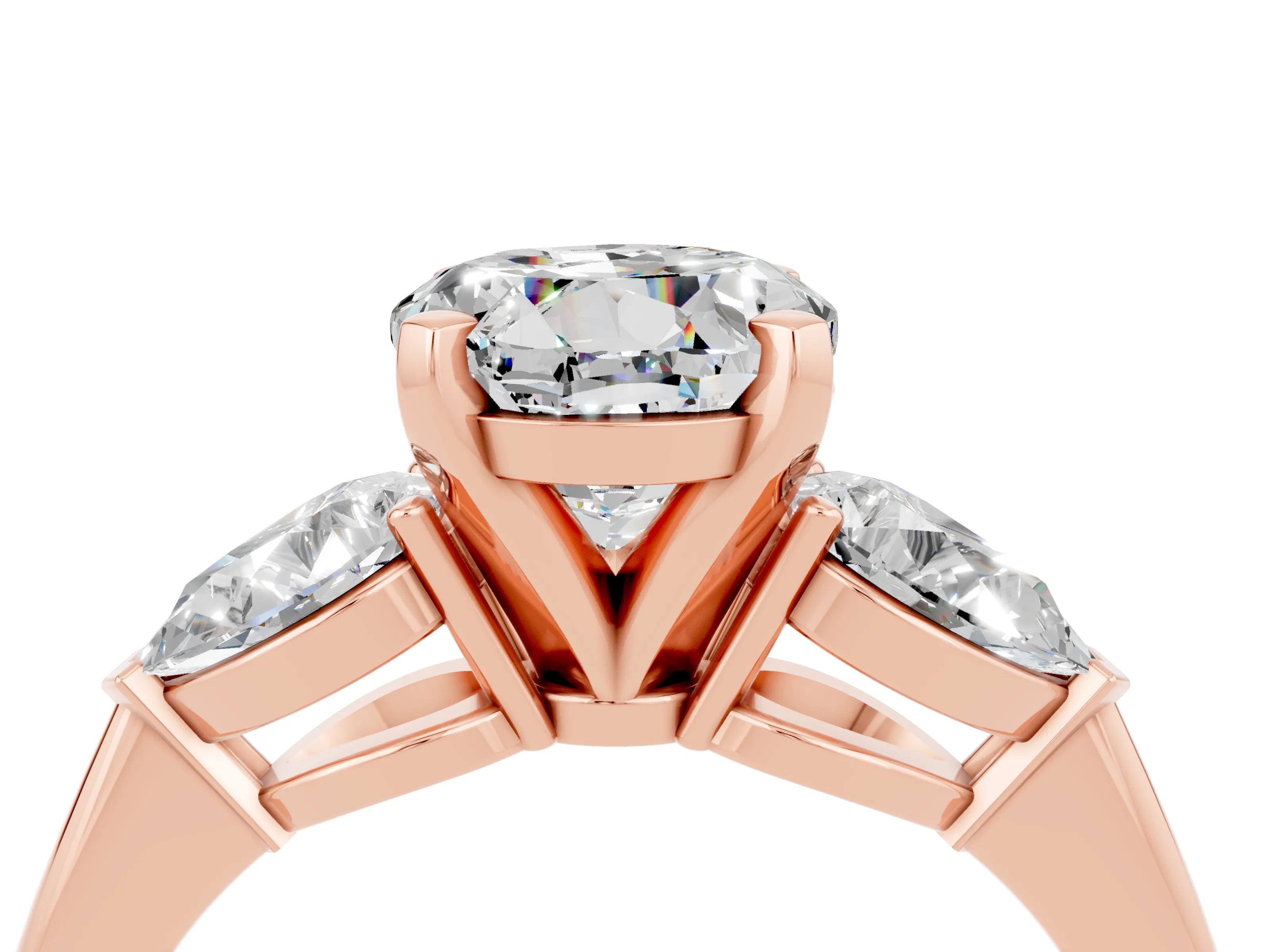 Rose gold Three-Stone Round Cut Moissanite Ring with Pear Side Stones and Four-Prong Setting_4