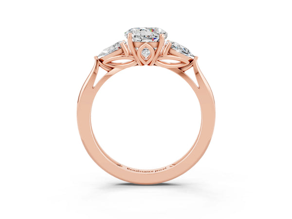 Rose gold Three-Stone Round Cut Moissanite Ring with Pear  Side Stones in Four-Prong Setting