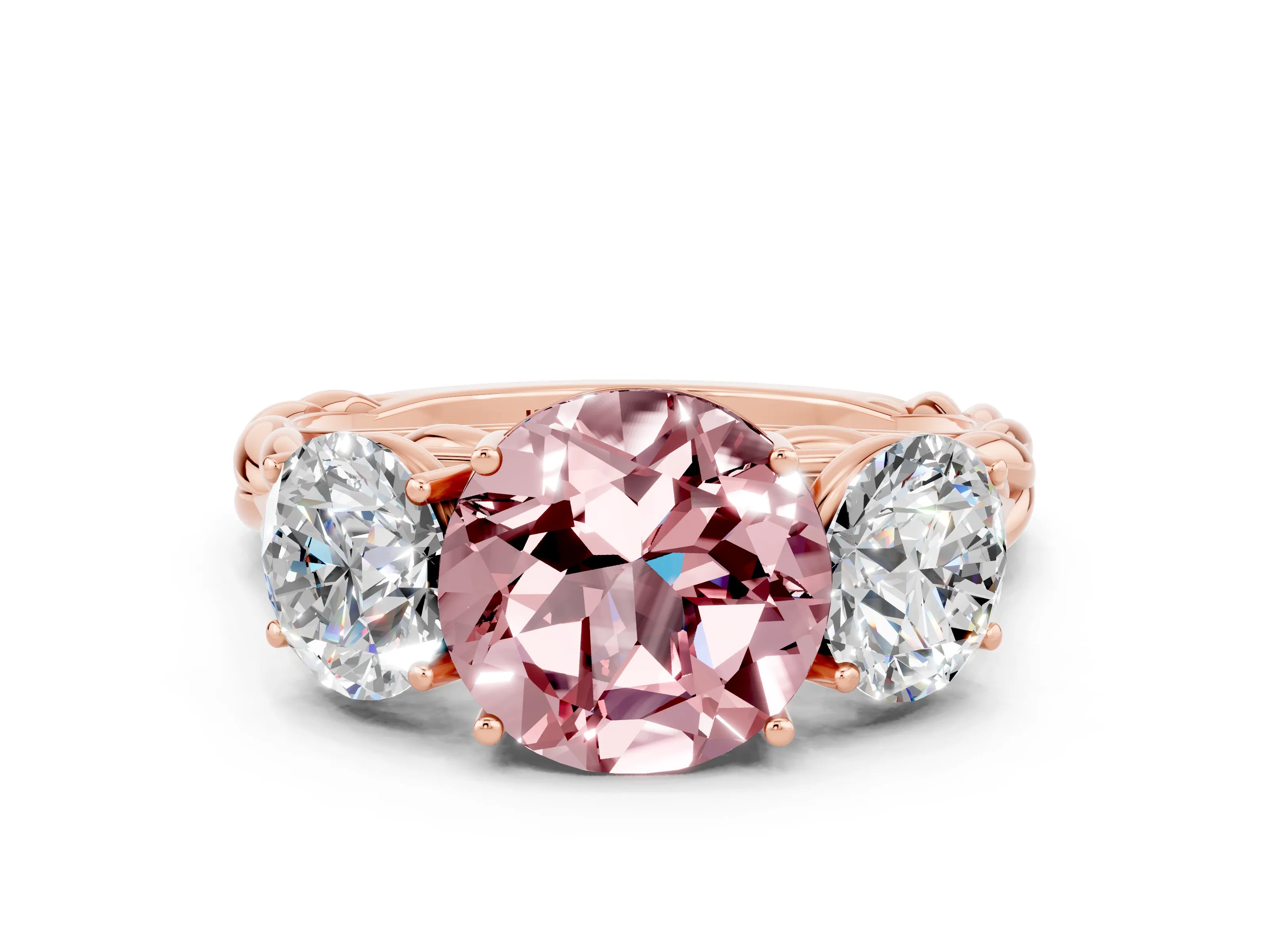 Rose gold Three-Stone Round Cut Morganite Braided Band Ring with Four-Prong Setting_12