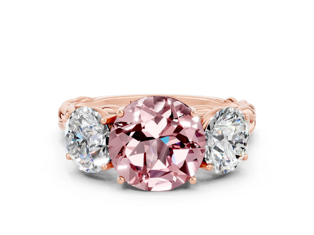 Rose gold Three-Stone Round Cut Morganite Braided Band Ring with Four-Prong Setting_12