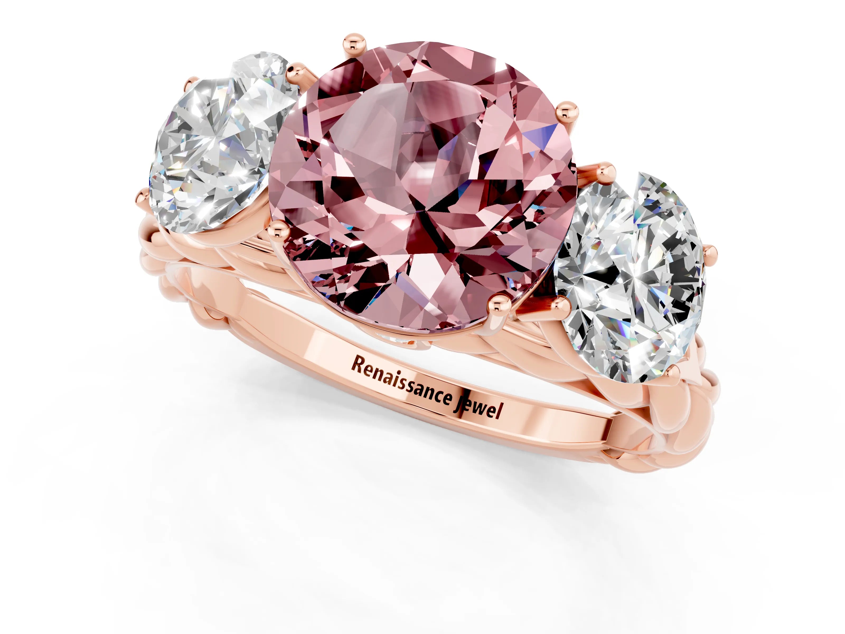 Rose gold Three-Stone Round Cut Morganite Braided Band Ring with Four-Prong Setting_13