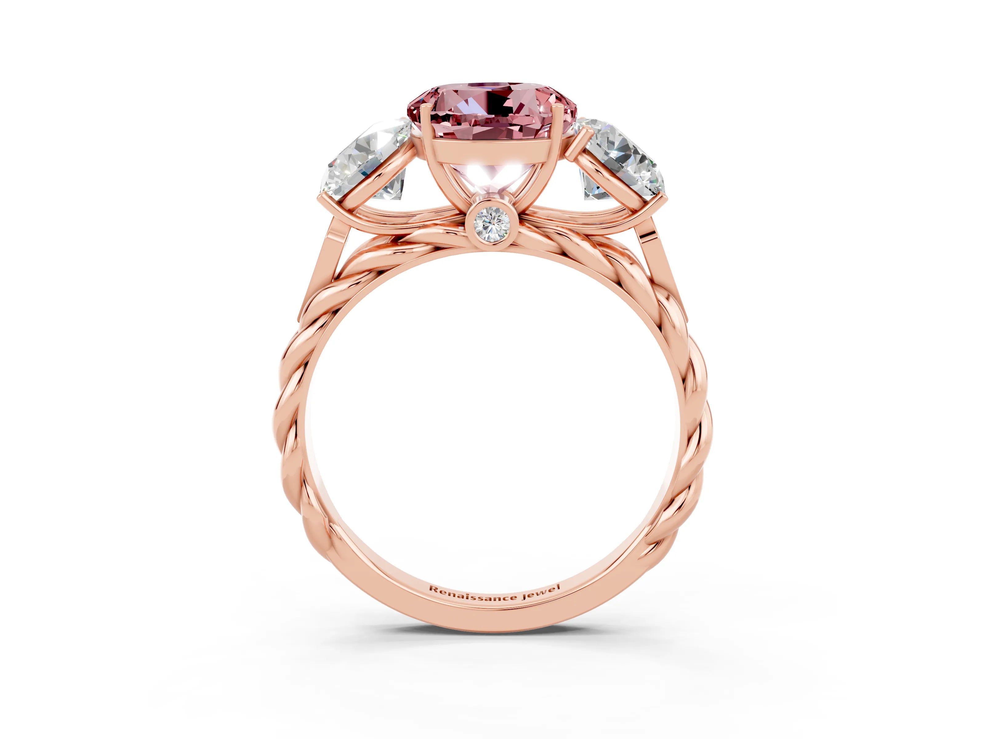 Rose gold Three-Stone Round Cut Morganite Braided Band Ring with Four-Prong Setting_15