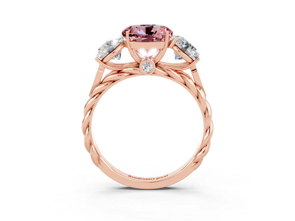 Rose gold Three-Stone Round Cut Morganite Braided Band Ring with Four-Prong Setting