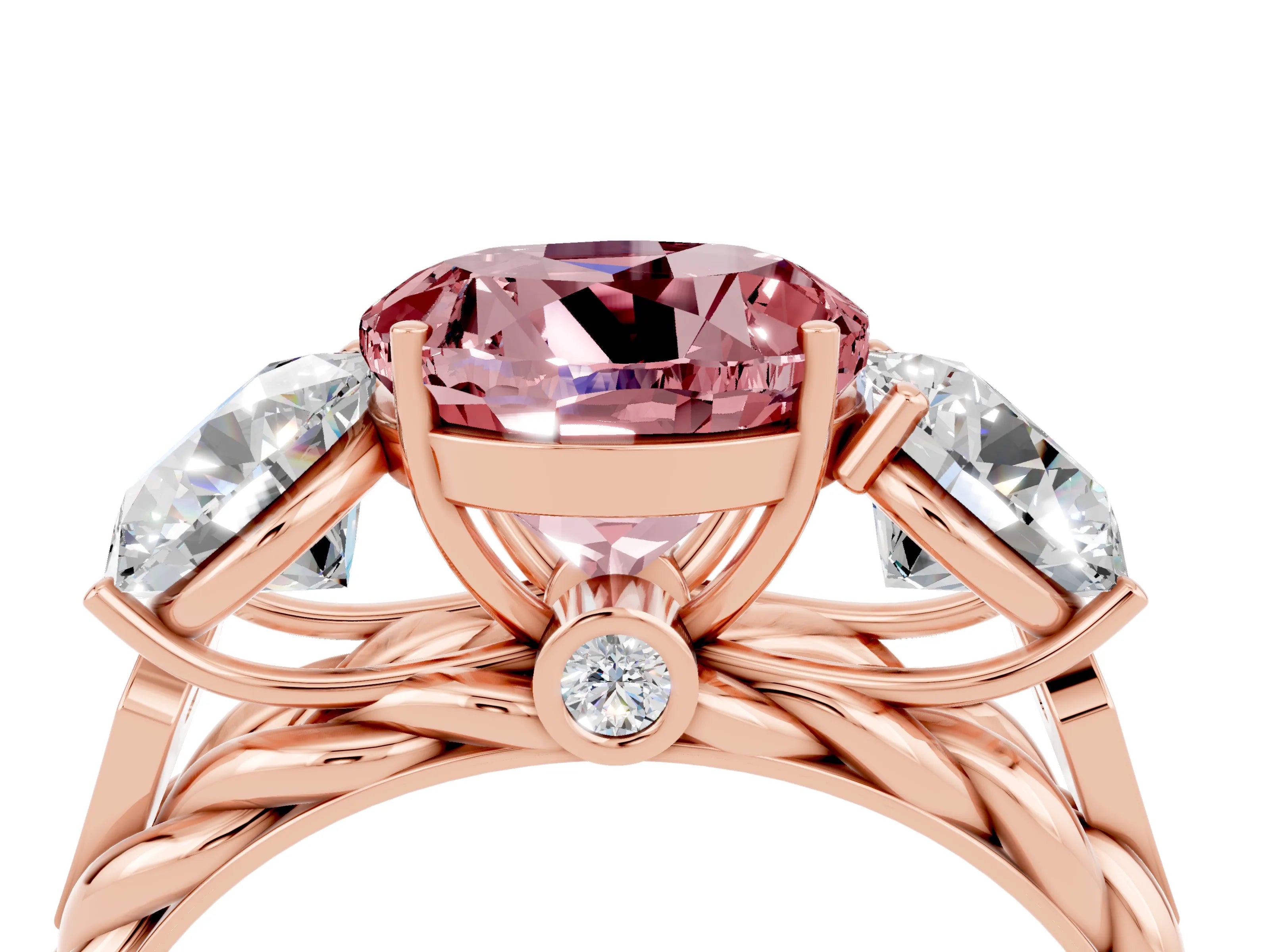 Rose gold Three-Stone Round Cut Morganite Braided Band Ring with Four-Prong Setting_16