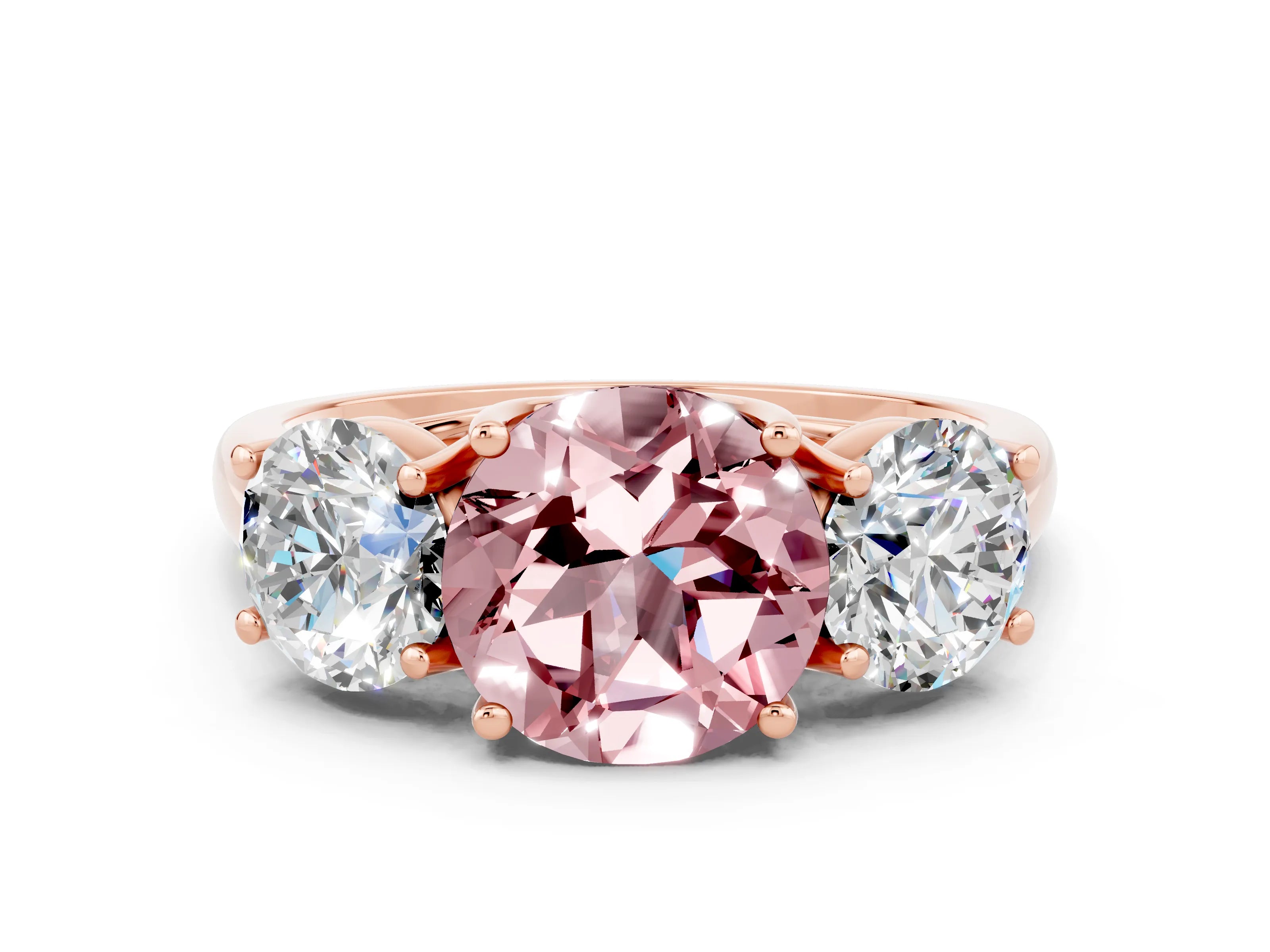 Rose gold Three-Stone Round Cut Morganite Engagement Ring with Prong Setting
