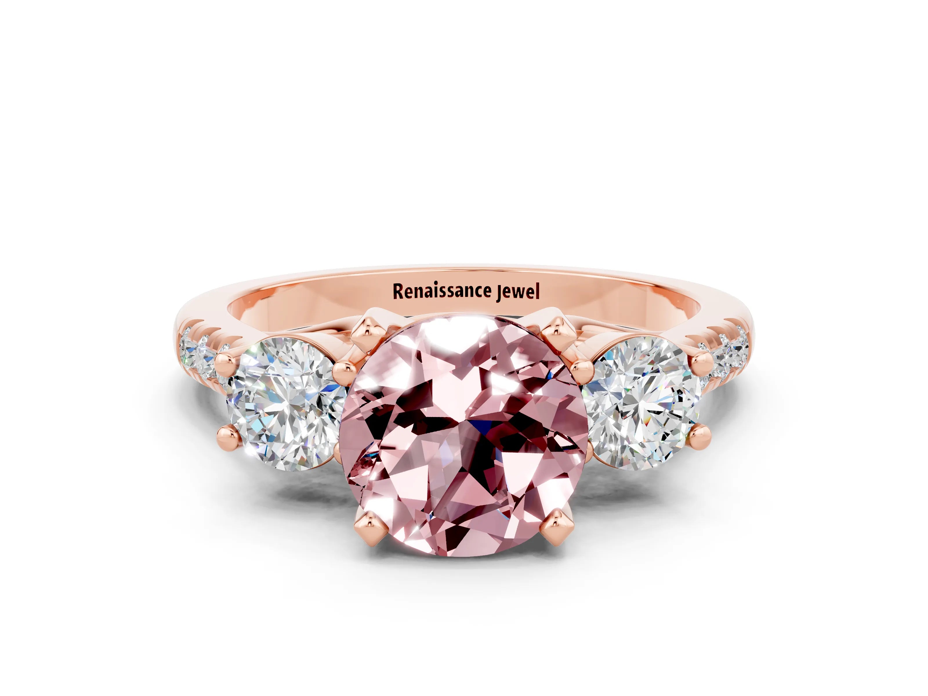 Rose gold Three-Stone Round Cut Morganite Pavé Band with Four-Prong Setting