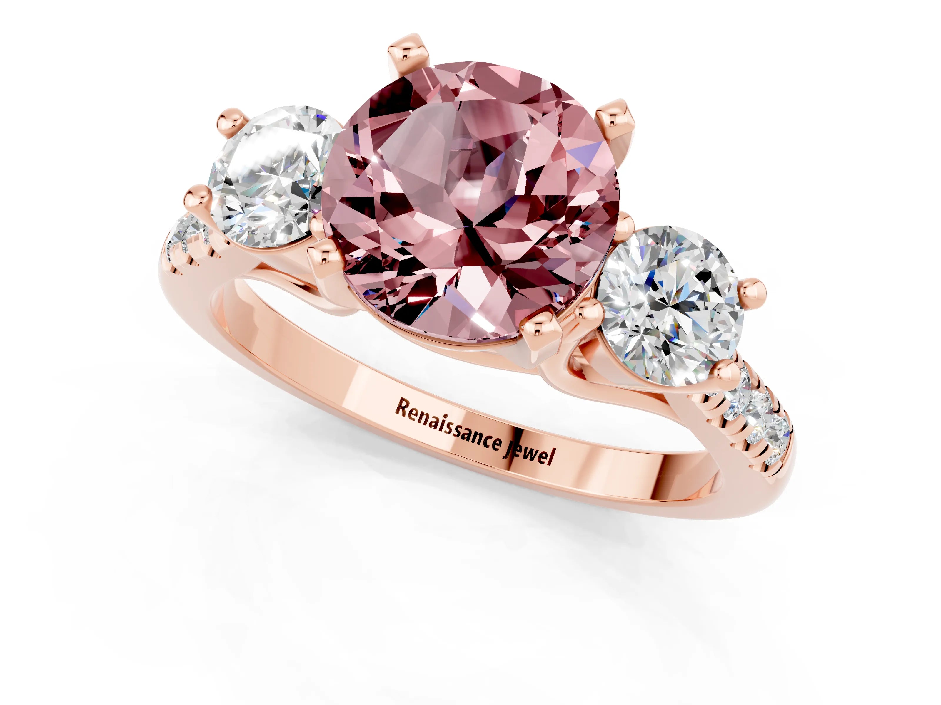 Rose gold Three-Stone Round Cut Morganite Pavé Band with Four-Prong Setting_1