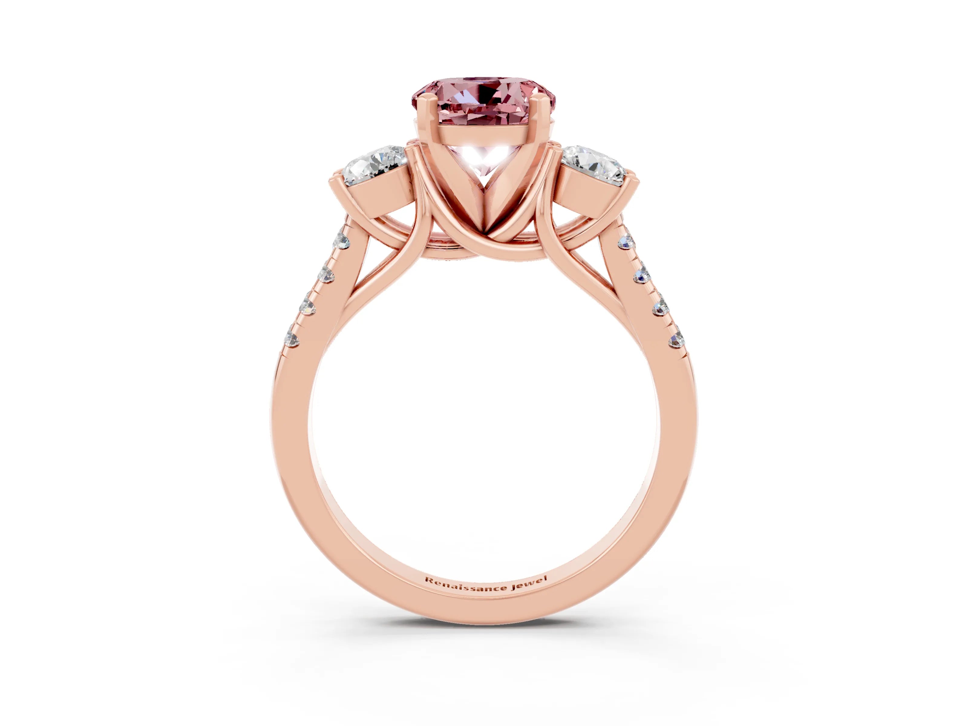 Rose gold Three-Stone Round Cut Morganite Pavé Band with Four-Prong Setting_3