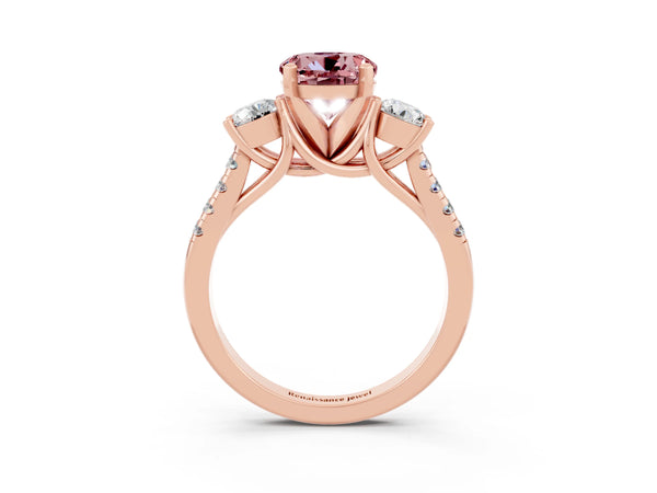 Rose gold Three-Stone Round Cut Morganite Pavé Band with Four-Prong Setting