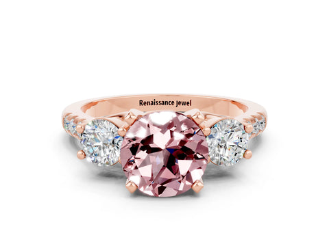 Rose gold Three-Stone Round Cut Morganite Pavé Band with Four-Prong Setting