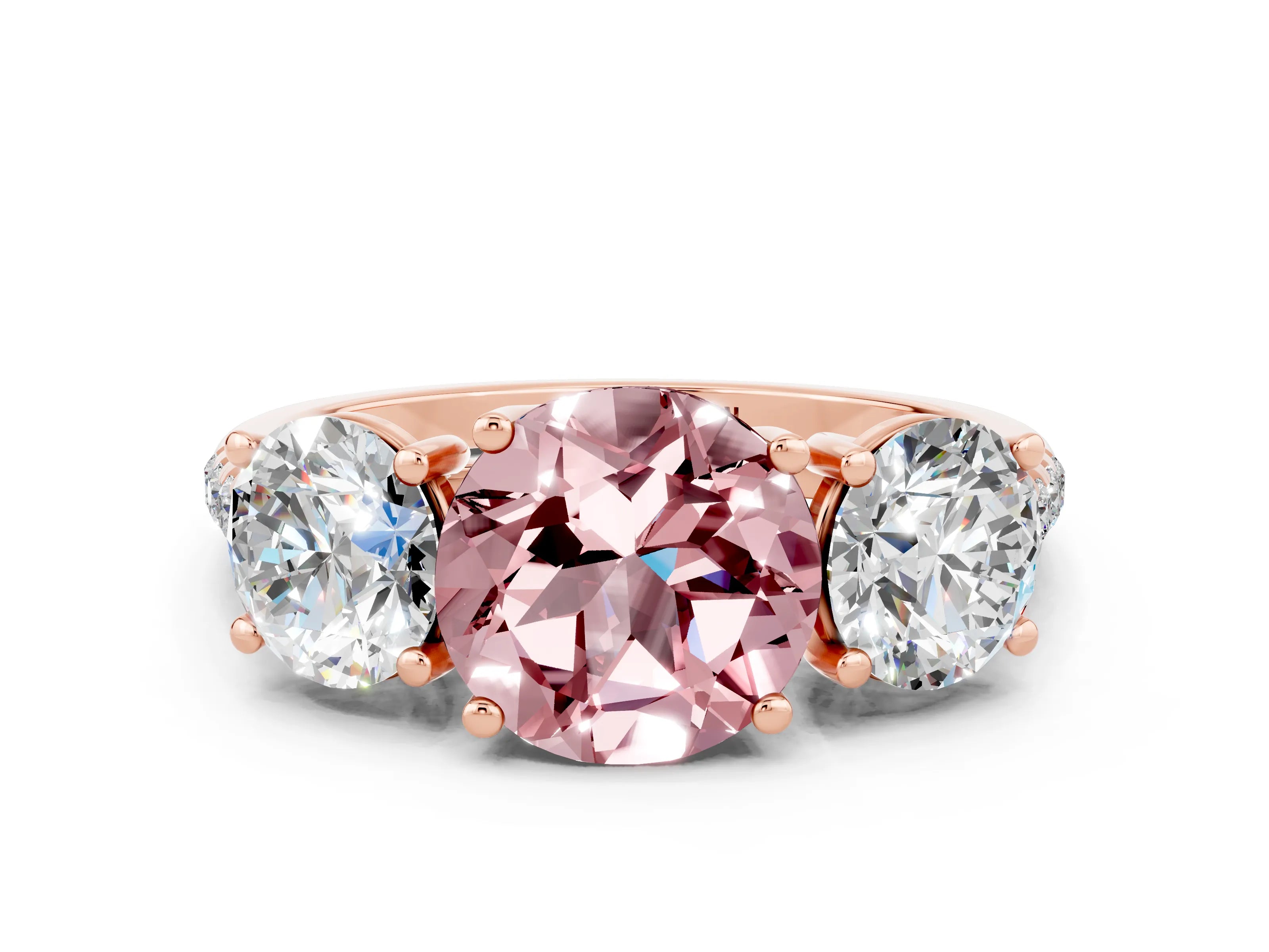 Rose gold Three-Stone Round Cut Morganite Ring with Pavé Band and Prong Setting_12