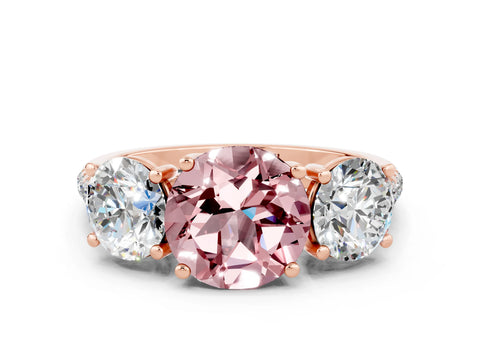 Rose gold Three-Stone Round Cut Morganite Ring with Pavé Band and Prong Setting_12