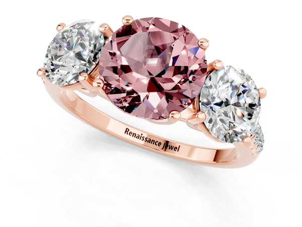 Rose gold Three-Stone Round Cut Morganite Ring with Round  Pavé Band and Prong Setting