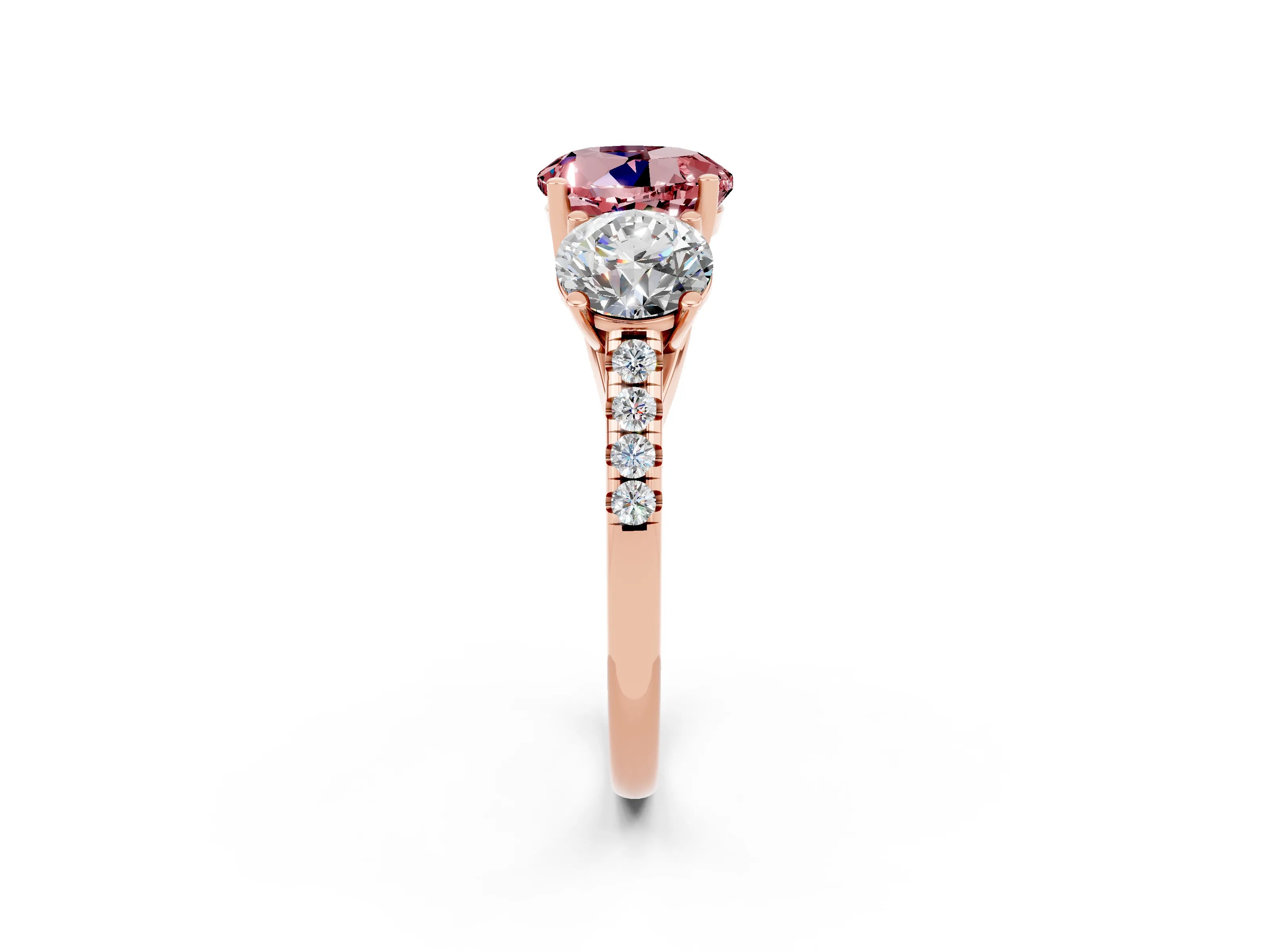 Rose gold Three-Stone Round Cut Morganite Ring with Pavé Band and Prong Setting_14