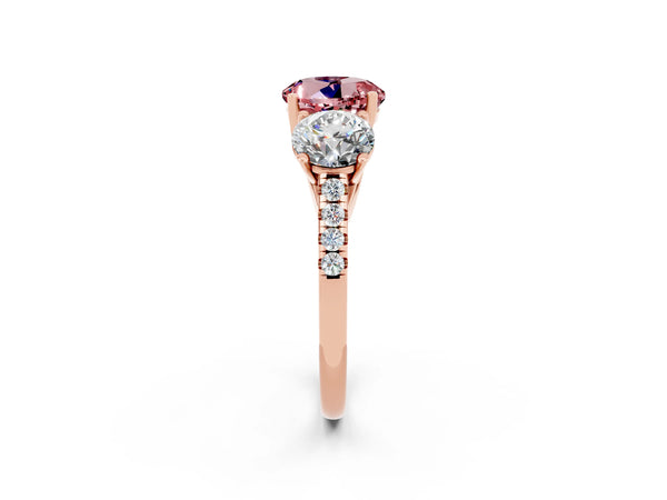 Rose gold Three-Stone Round Cut Morganite Ring with Round  Pavé Band and Prong Setting