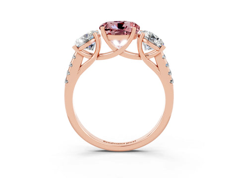 Rose gold Three-Stone Round Cut Morganite Ring with Pavé Band and Prong Setting_15