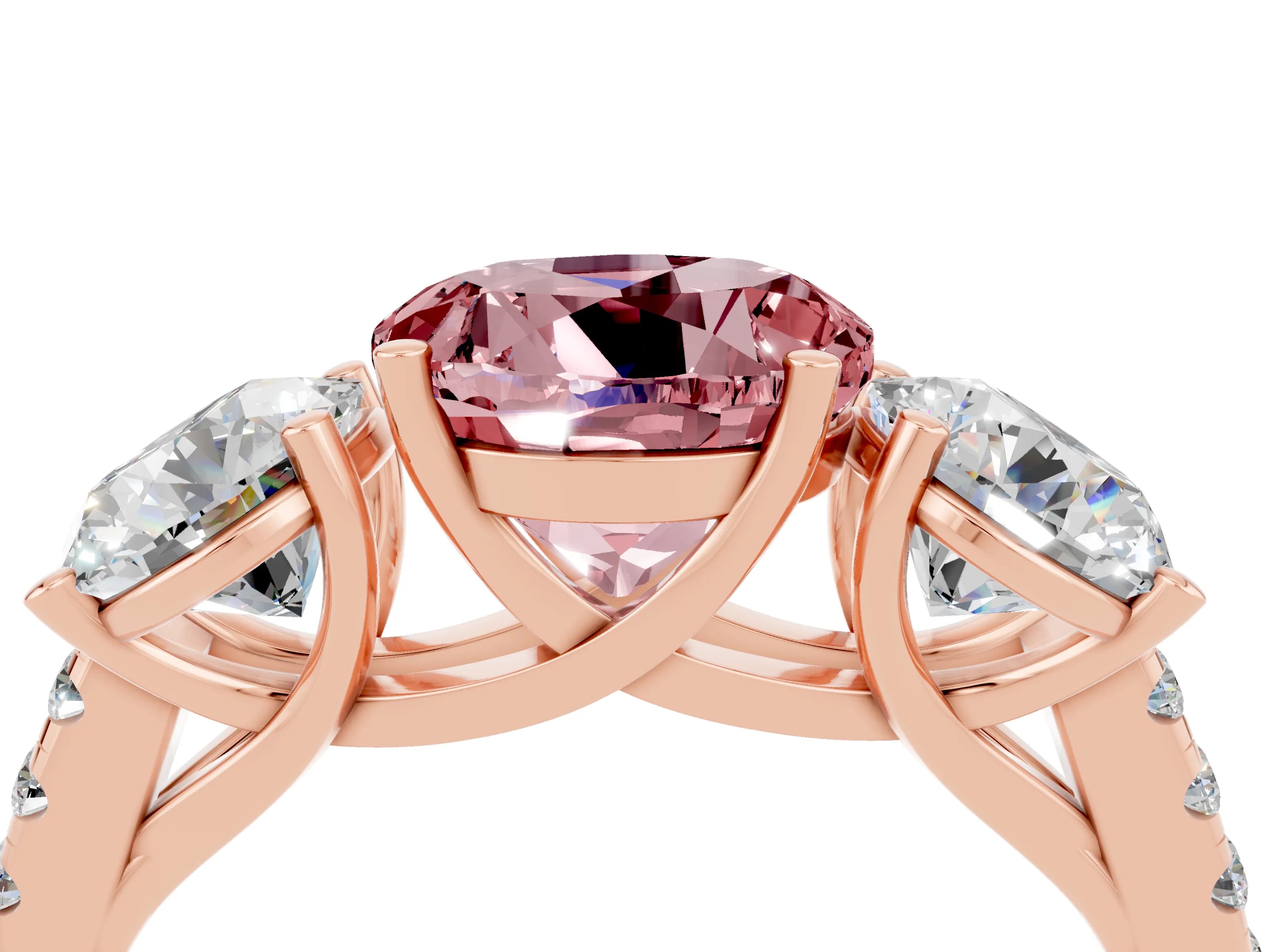 Rose gold Three-Stone Round Cut Morganite Ring with Pavé Band and Prong Setting_16