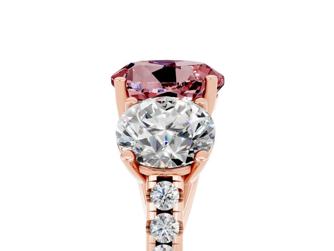 Rose gold Three-Stone Round Cut Morganite Ring with Pavé Band and Prong Setting_17