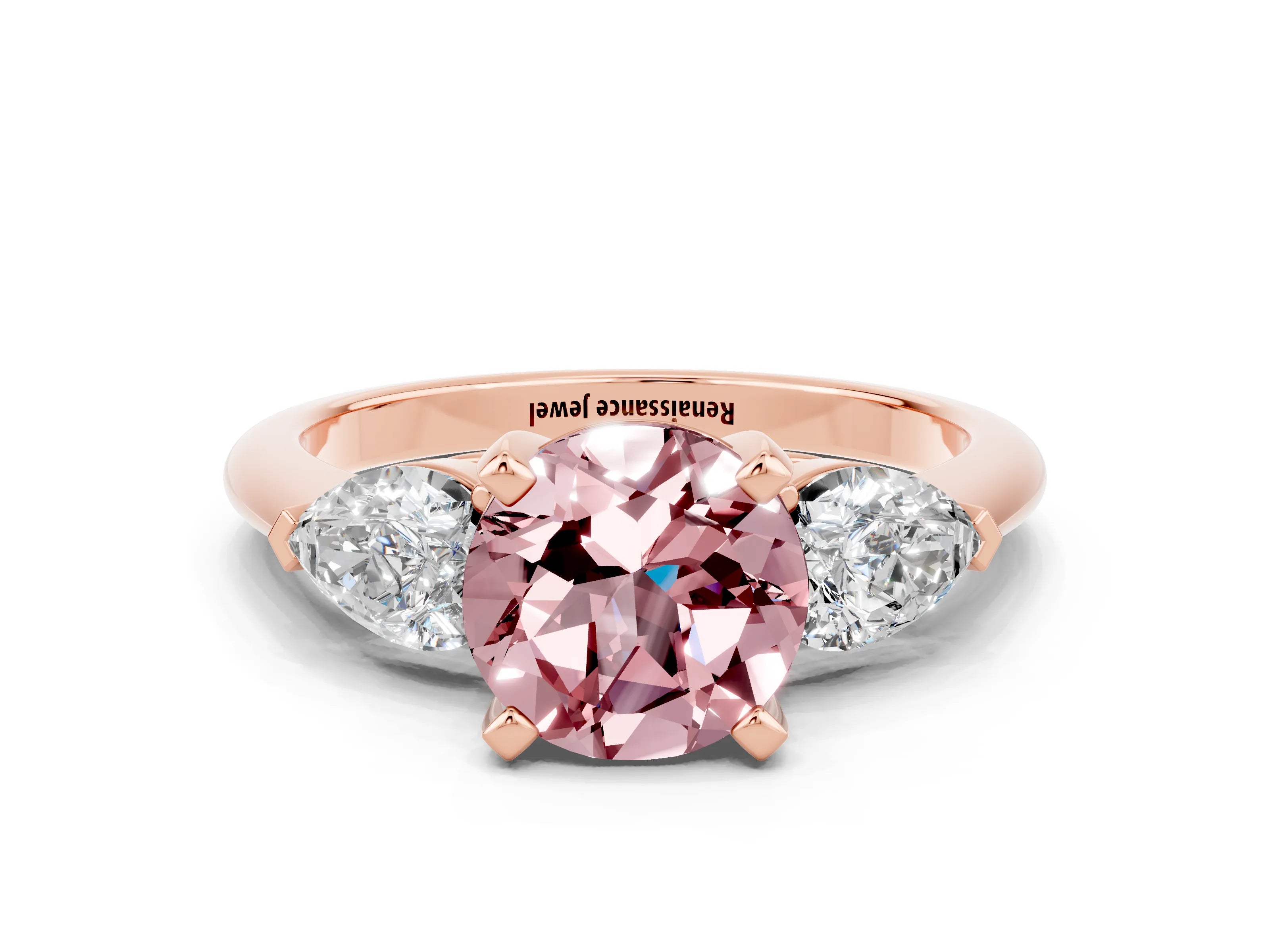 Rose gold Three-Stone Round Cut Morganite Ring with Pear Side Stones and Four-Prong Setting