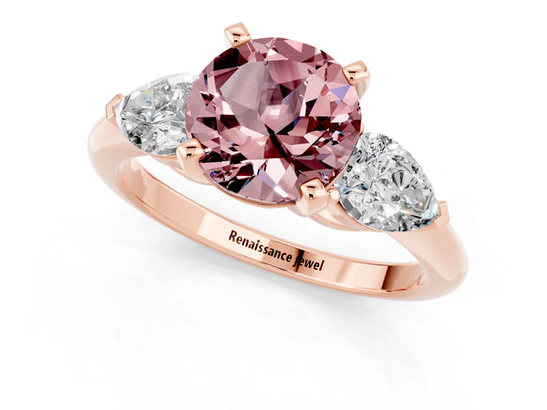 Rose gold Three-Stone Round Cut Morganite Ring with Pear Side Stones and Four-Prong Setting