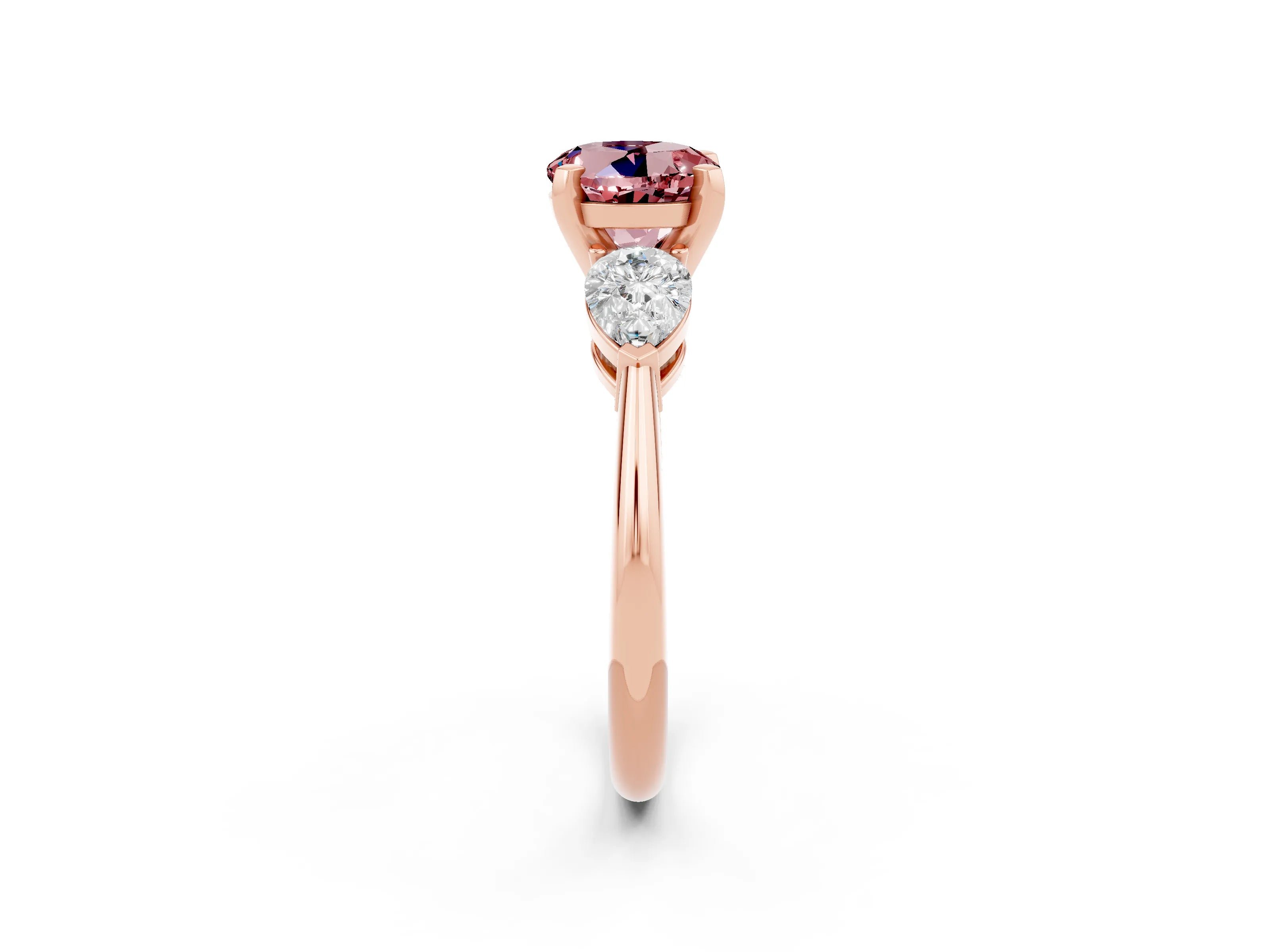 Rose gold Three-Stone Round Cut Morganite Ring with Pear Side Stones and Four-Prong Setting_2