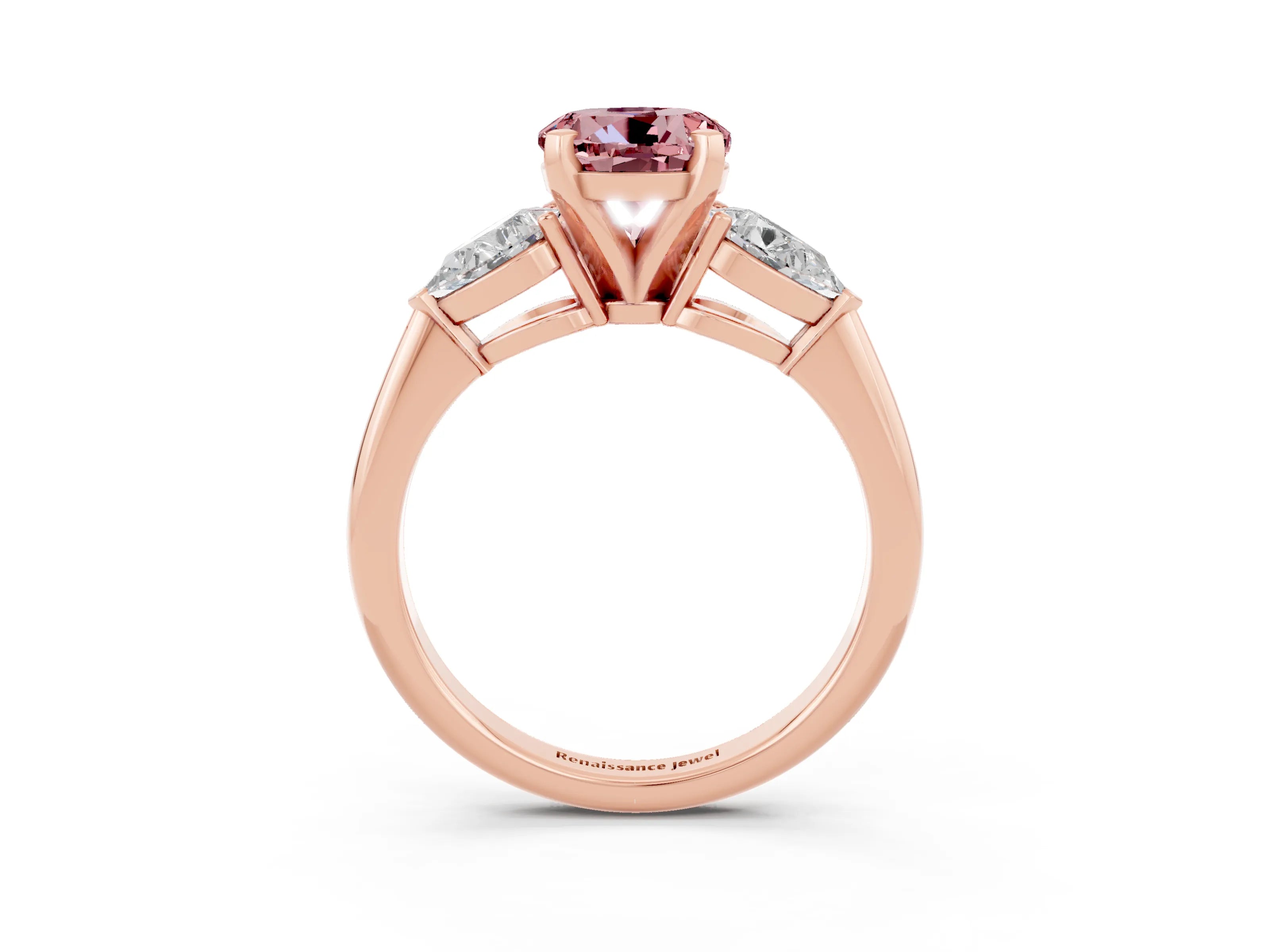 Rose gold Three-Stone Round Cut Morganite Ring with Pear Side Stones and Four-Prong Setting_3