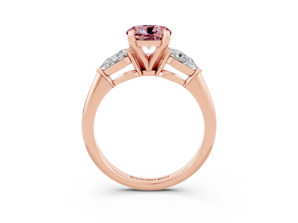 Rose gold Three-Stone Round Cut Morganite Ring with Pear Side Stones and Four-Prong Setting