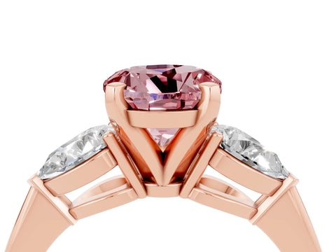 Rose gold Three-Stone Round Cut Morganite Ring with Pear Side Stones and Four-Prong Setting_4