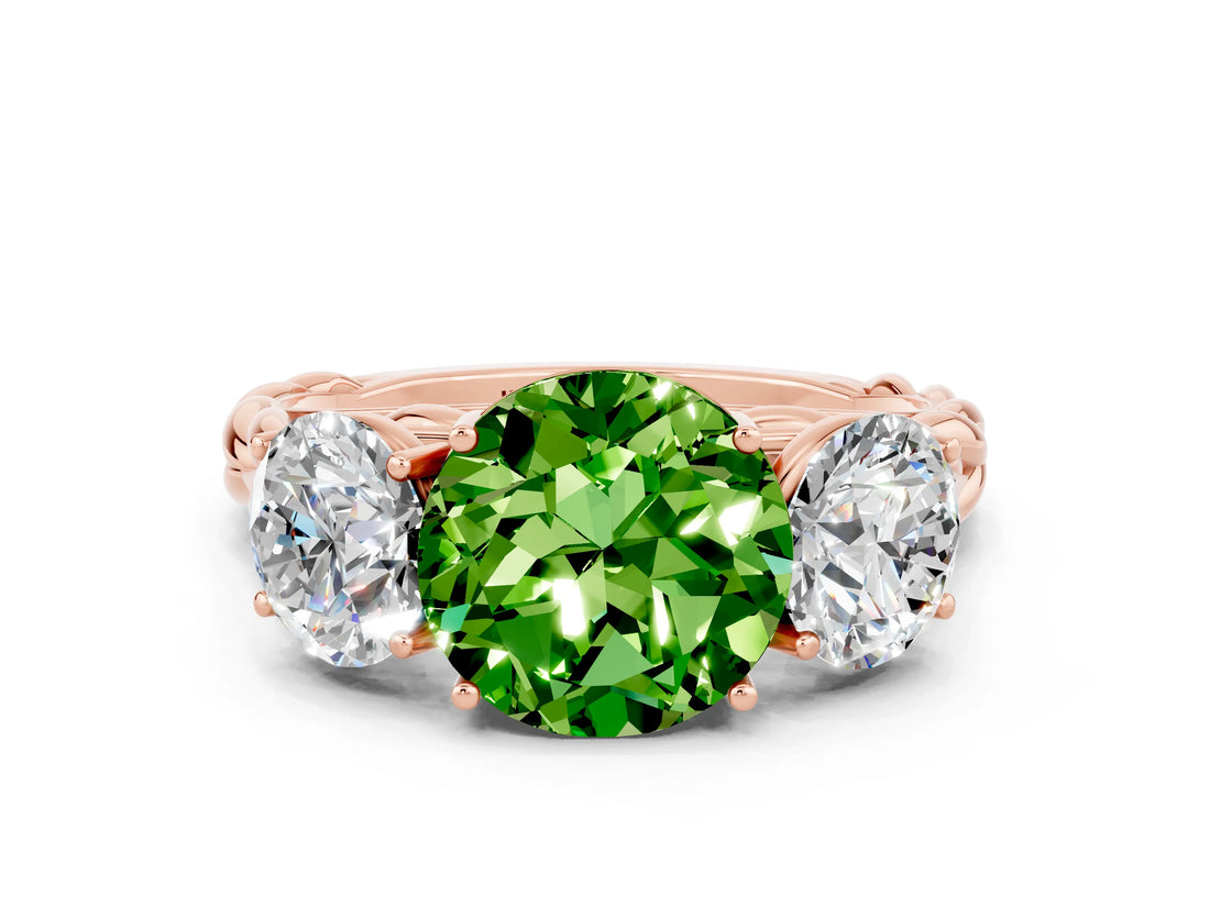 Rose gold Three-Stone Round Cut Peridot Braided Band Ring with Four-Prong Setting_12