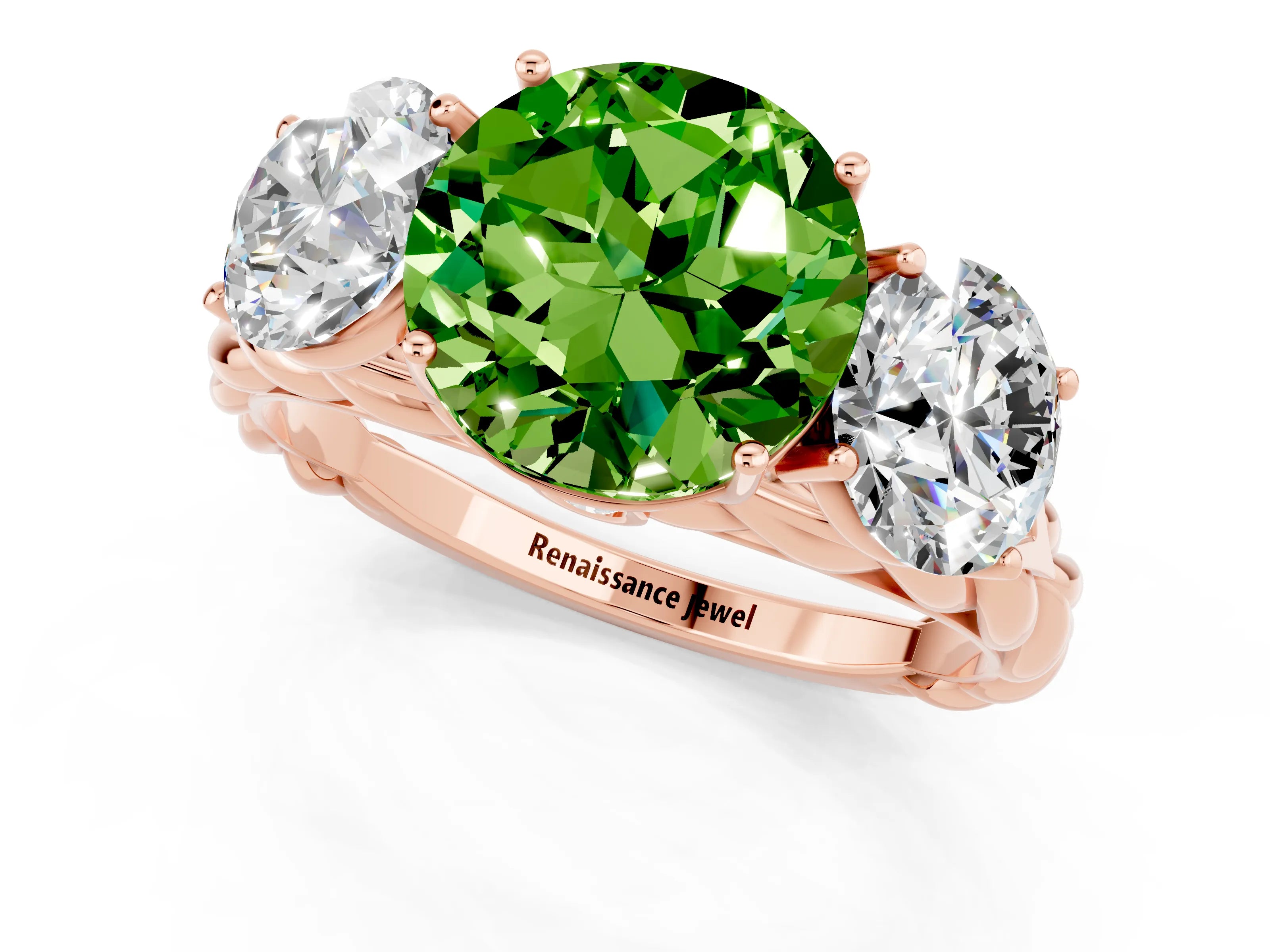 Rose gold Three-Stone Round Cut Peridot Braided Band Ring with Four-Prong Setting_13