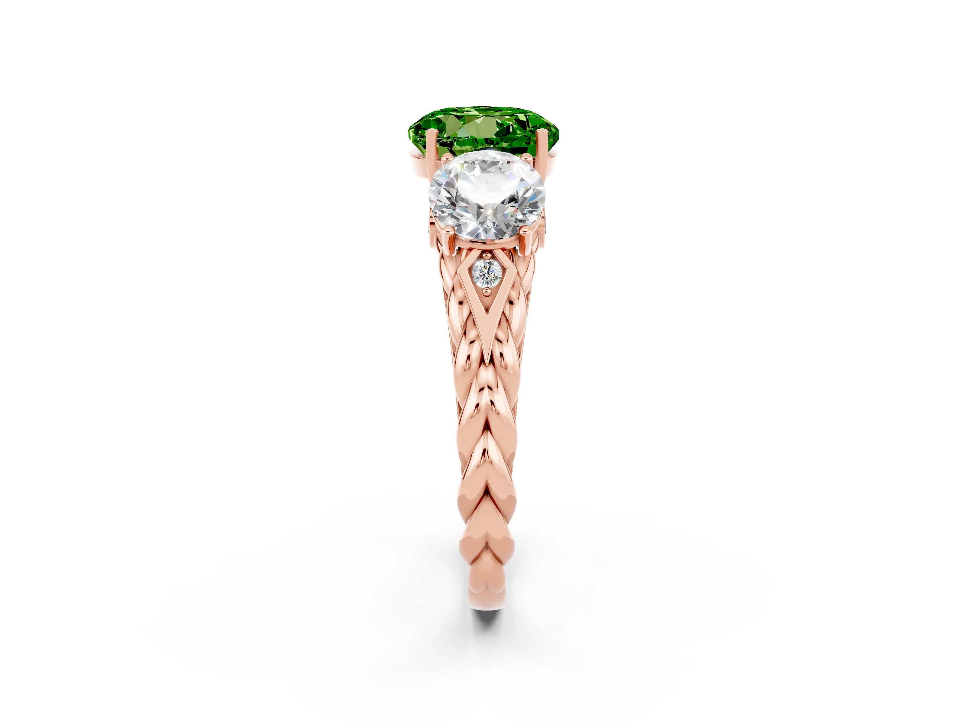 Rose gold Three-Stone Round Cut Peridot Braided Band Ring with Four-Prong Setting_14
