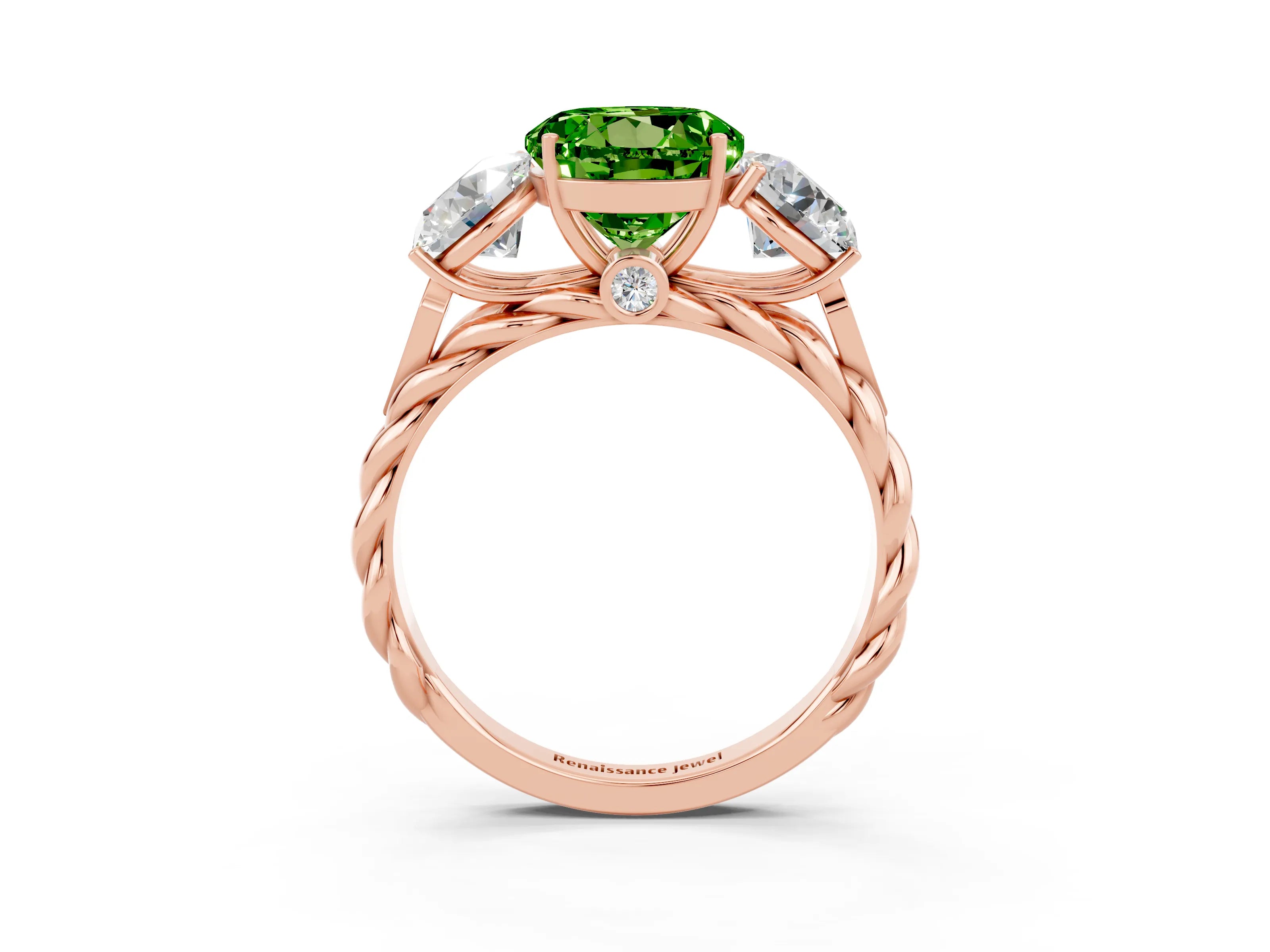 Rose gold Three-Stone Round Cut Peridot Braided Band Ring with Four-Prong Setting_15