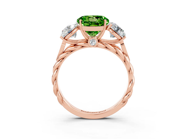 Rose gold Three-Stone Round Cut Peridot Braided Band Ring with Four-Prong Setting