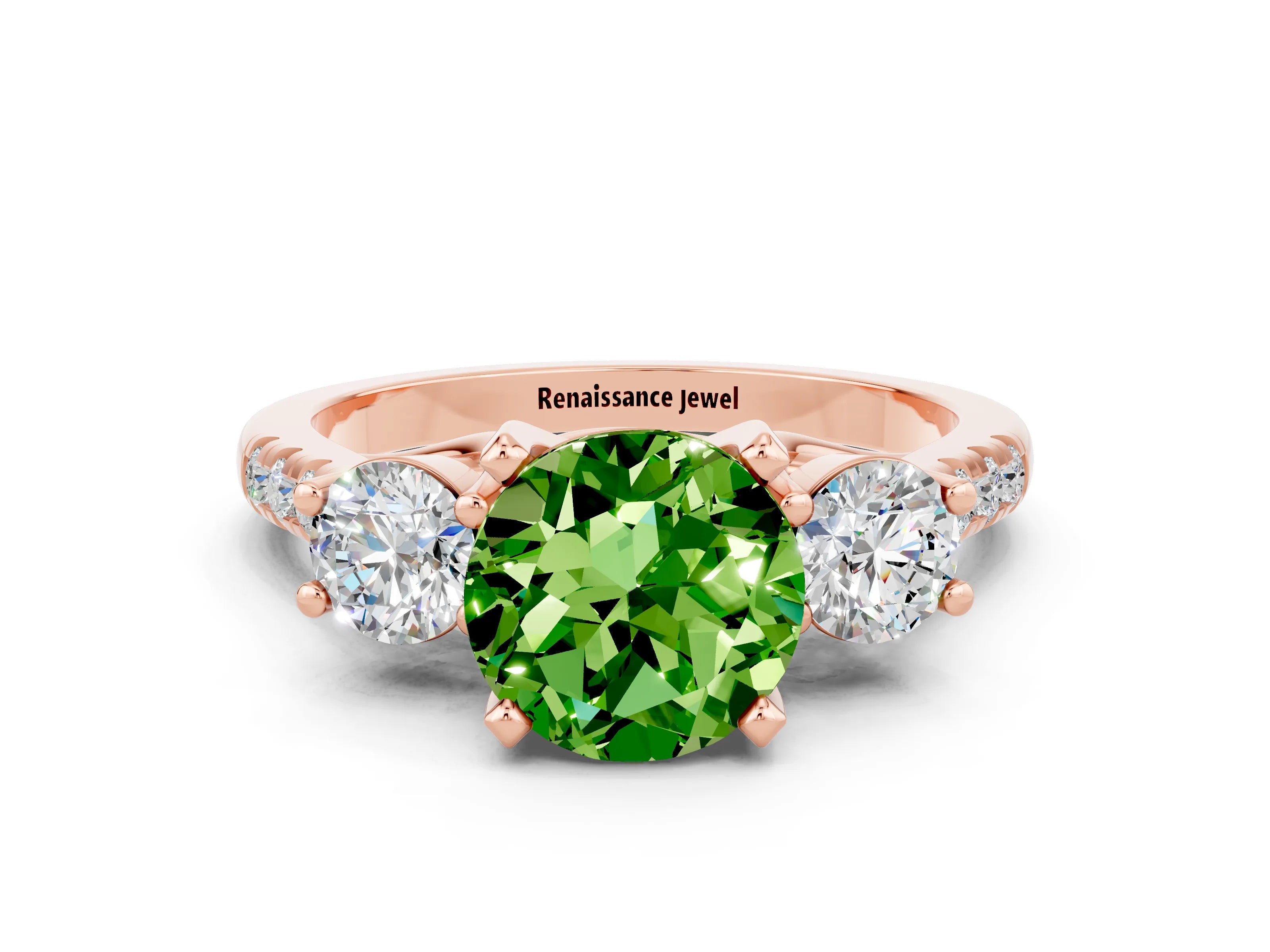 Rose gold Three-Stone Round Cut Peridot Pavé Band with Four-Prong Setting