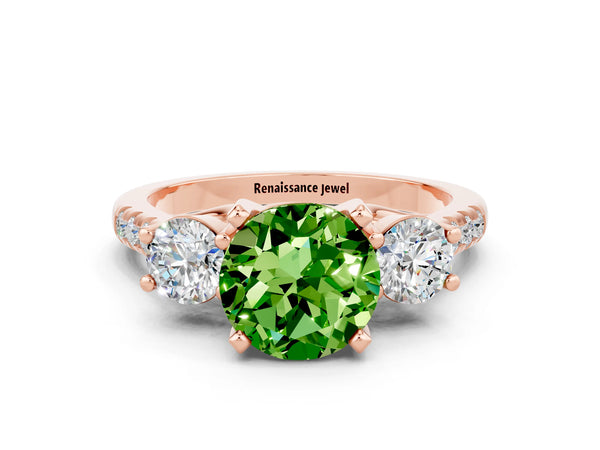 Rose gold Three-Stone Round Cut Peridot Pavé Band with Four-Prong Setting