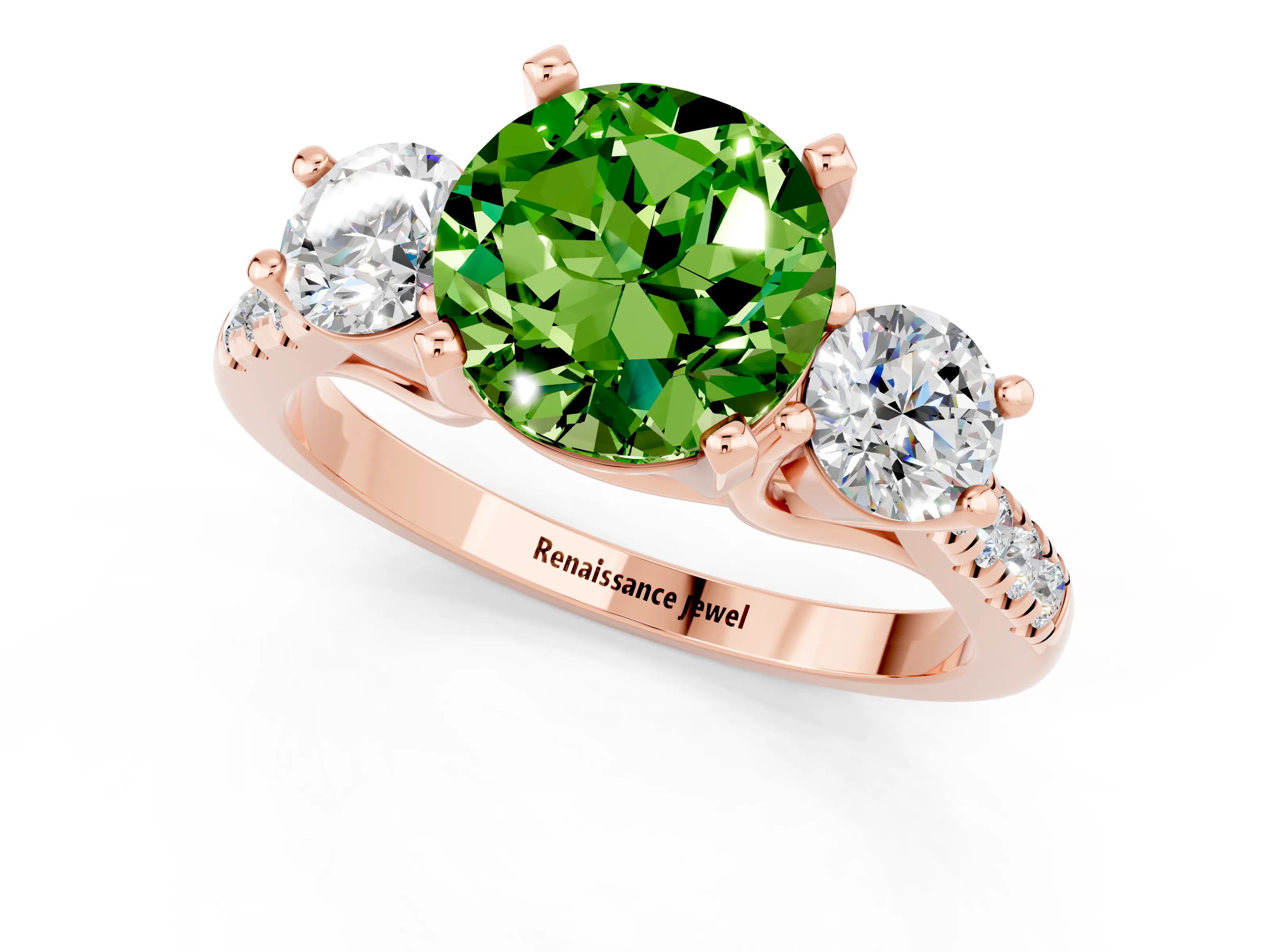 Rose gold Three-Stone Round Cut Peridot Pavé Band with Four-Prong Setting_1