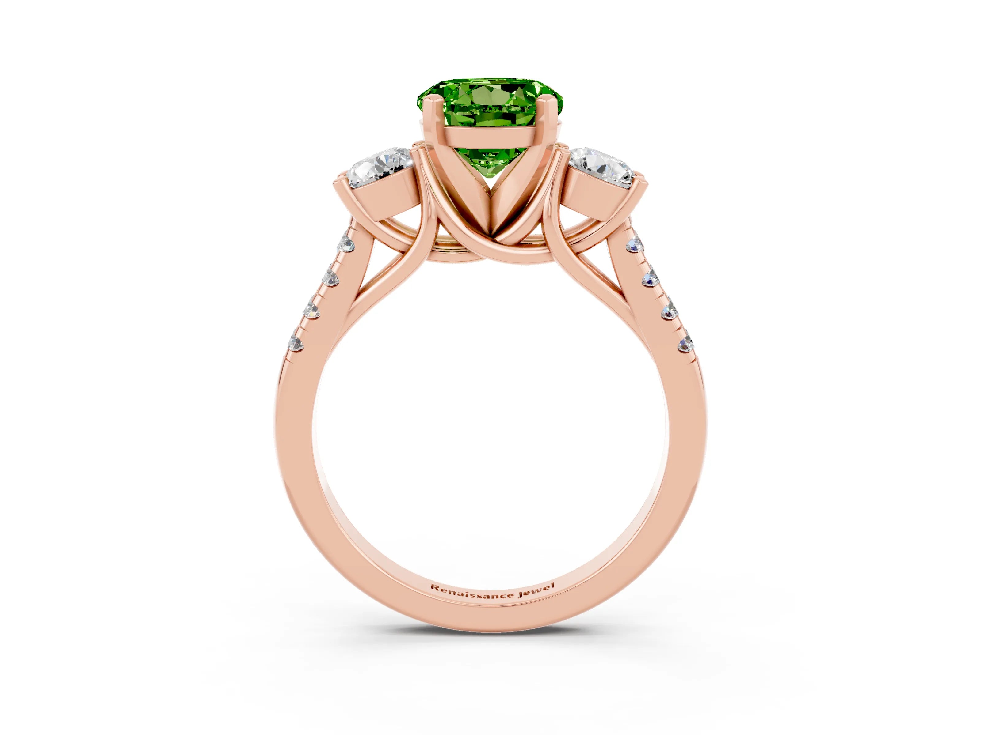 Rose gold Three-Stone Round Cut Peridot Pavé Band with Four-Prong Setting_3