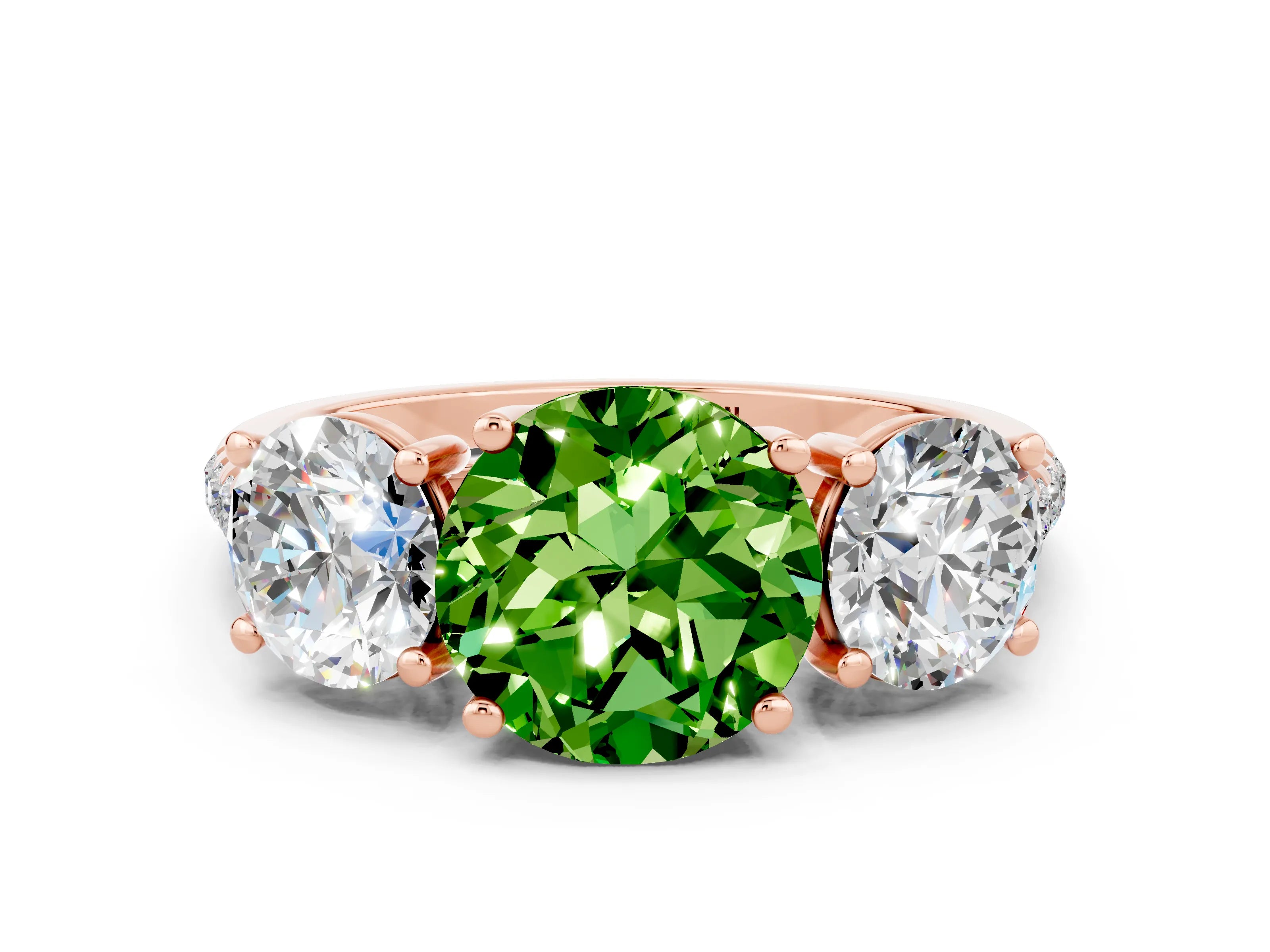 Rose gold Three-Stone Round Cut Peridot Ring with Pavé Band and Prong Setting_12