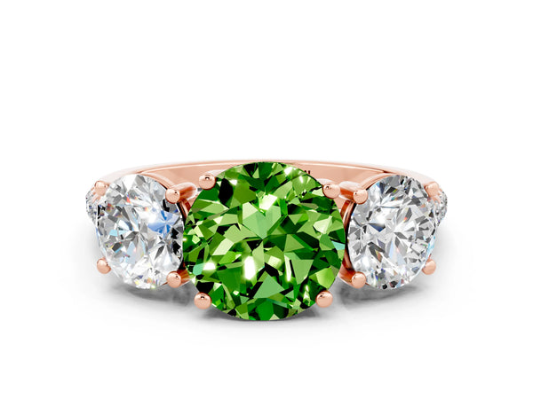Rose gold Three-Stone Round Cut Peridot Ring with Round  Pavé Band and Prong Setting