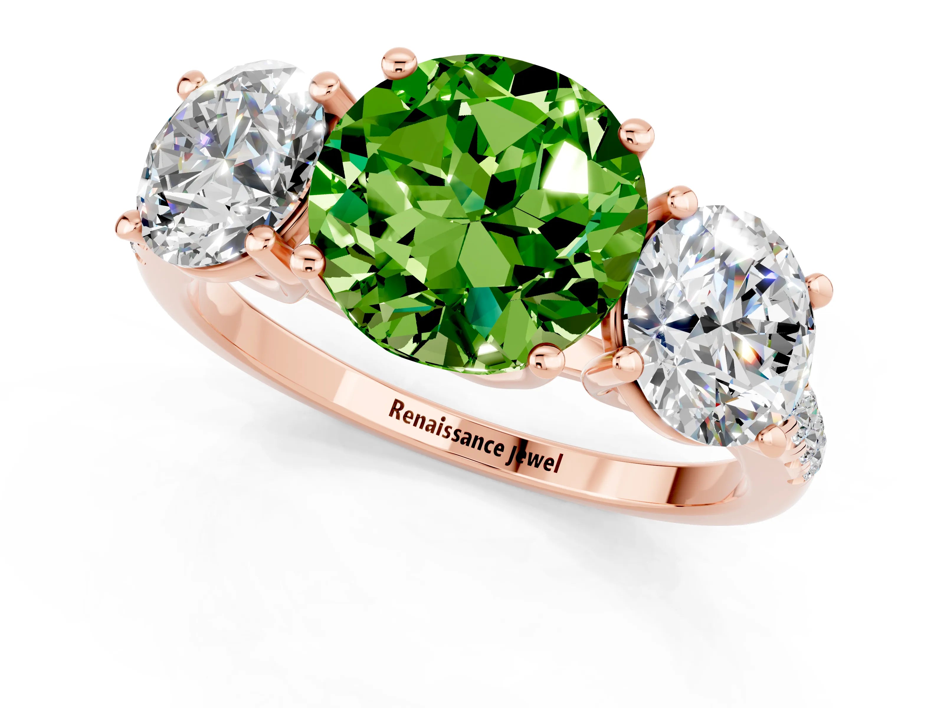 Rose gold Three-Stone Round Cut Peridot Ring with Pavé Band and Prong Setting_13