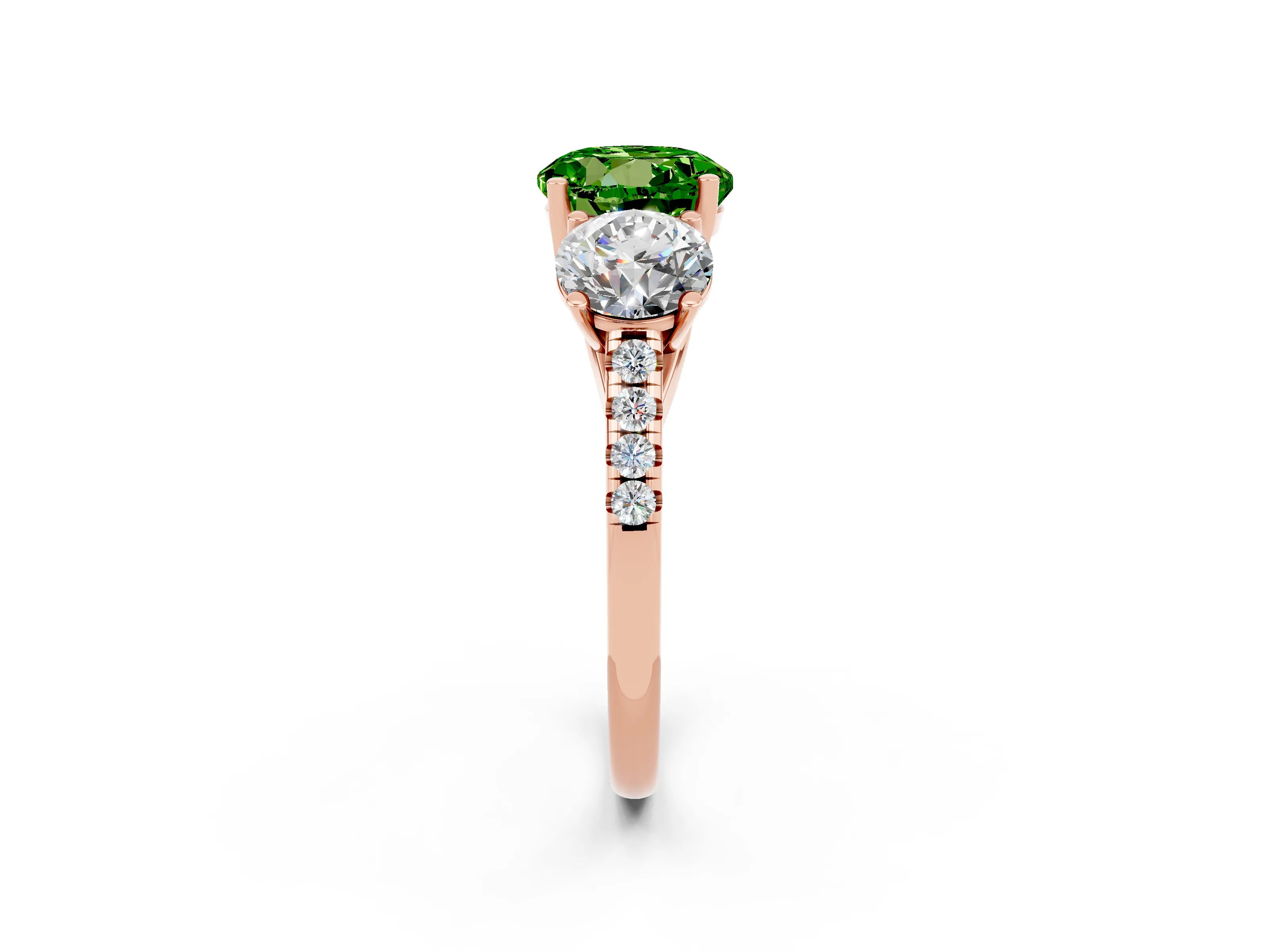 Rose gold Three-Stone Round Cut Peridot Ring with Pavé Band and Prong Setting_14