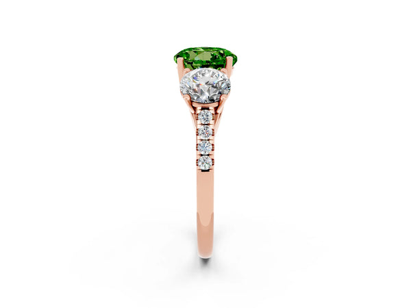 Rose gold Three-Stone Round Cut Peridot Ring with Round  Pavé Band and Prong Setting