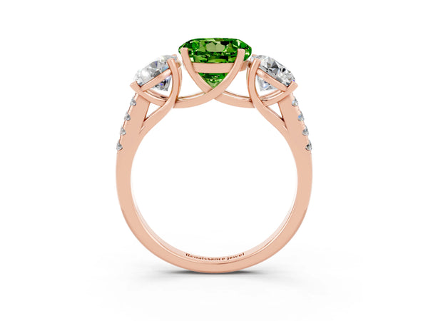 Rose gold Three-Stone Round Cut Peridot Ring with Round  Pavé Band and Prong Setting